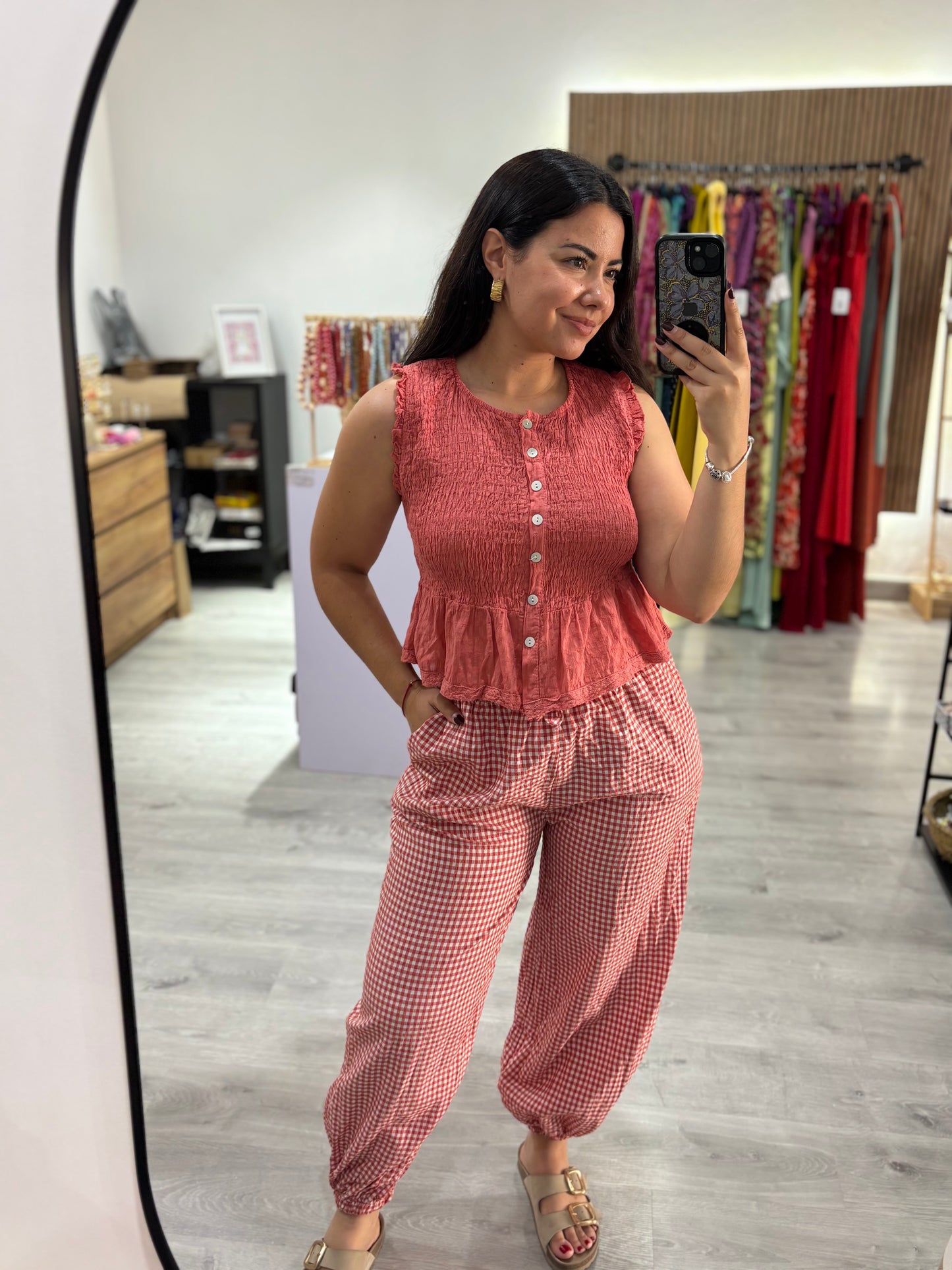 Pantalon vichy bombacho teja