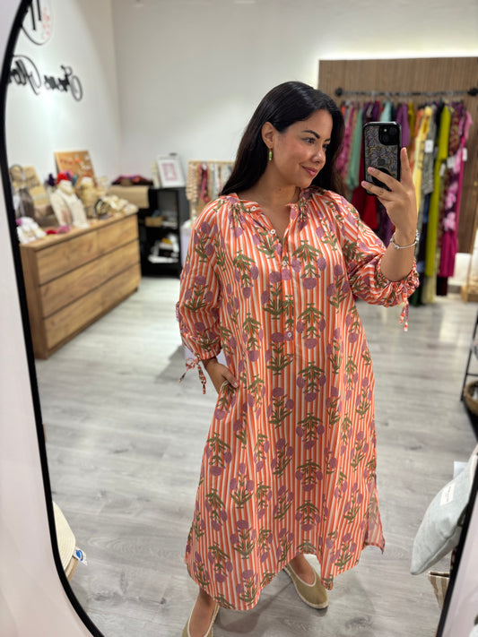 Vestido largo rayas coral