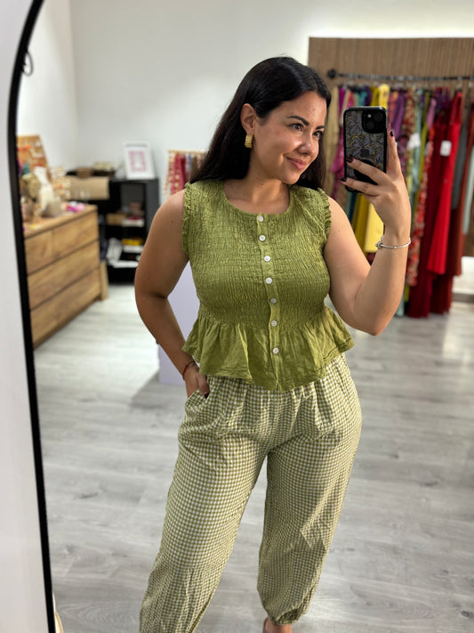 Pantalon vichy bombacho verde